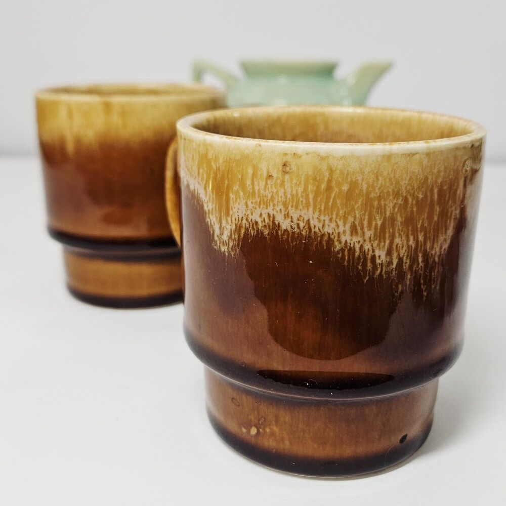 Vtg Japanese Stacking Mugs Brown Drip Glaze 2 Cup  Set Pottery Coffee Japan
